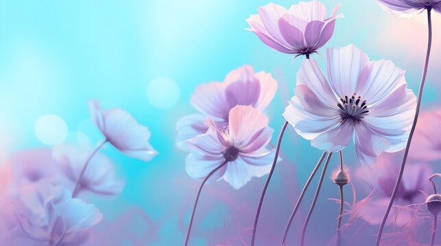 Generative AI : Light purple flowers on the blue turquoise blurred background. Floral desktop.