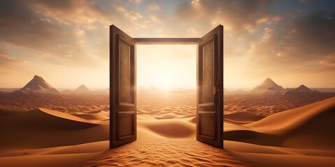 Opened door on desert. Unknown and start up concept. AI Generative