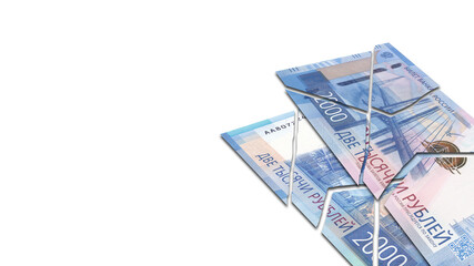 Financial and economic illustration. Broken banknotes of the Russian Federation with a face value of 2000 rubles. White isolated blank background. Sample form. Crisis and devaluation.