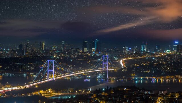 Istanbul night skyline aerial view time lapse of ity istanbul turkey view at night, istanbul bosporus panorama.