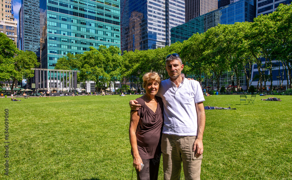 Poster happy man with her mother in bryant park