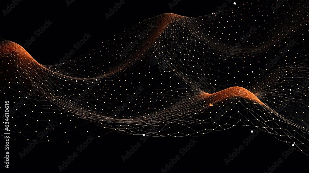Poster Generative AI : Wave of dots and weave lines. Abstract background. Network connection structure.