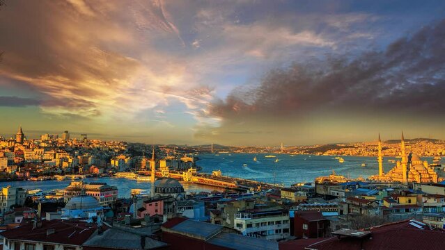 Istanbul city skyline aerial view time lapse from dy to night, istanbul turkey city sea brdige old town view bosporus bridge.