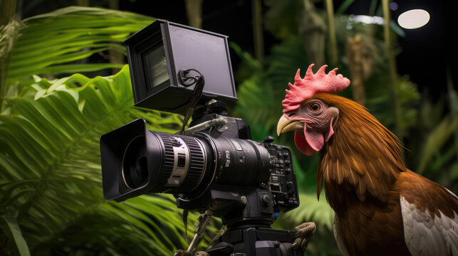A rooster making a film in the forest. Parody the concept of film making, creativity, blogger.