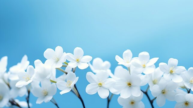 Generative AI : Spring forest white flowers primroses on a beautiful blue background macro. Blurred gentle sky-blue background. Floral nature background, free space for text. Romantic soft gentle arti