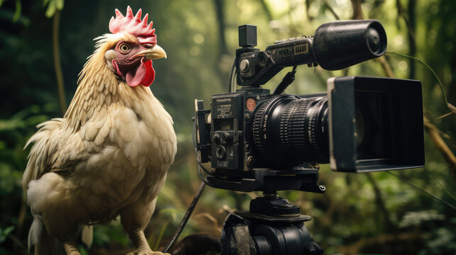 A rooster making a film in the forest. Parody the concept of film making, creativity, blogger.