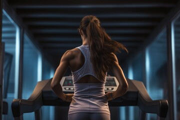 A sportswoman in sportswear runs on a treadmill.