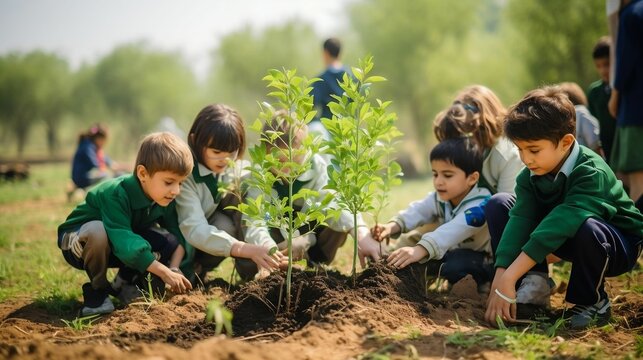 Children in uniforms happily planting trees together in park