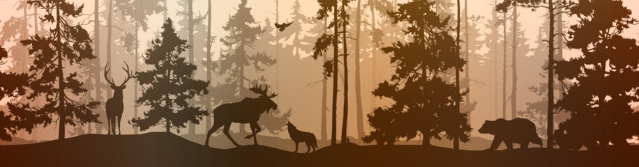 Seamless horizontal background with pine forest and animals: deer, bear, wolf, elk, owl . Animals are separate from the background, you can move and delete them.	 - 634611441