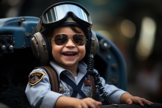 Happy  kid wear airplane captain suit pilot career. Children day concept.