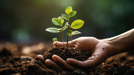 Trees are planted on coins in human hands with green natural backgrounds.