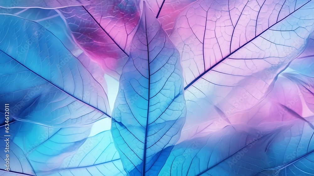 Aufkleber generative ai : macro leaves background texture blue, turquoise, pink color. transparent skeleton le
