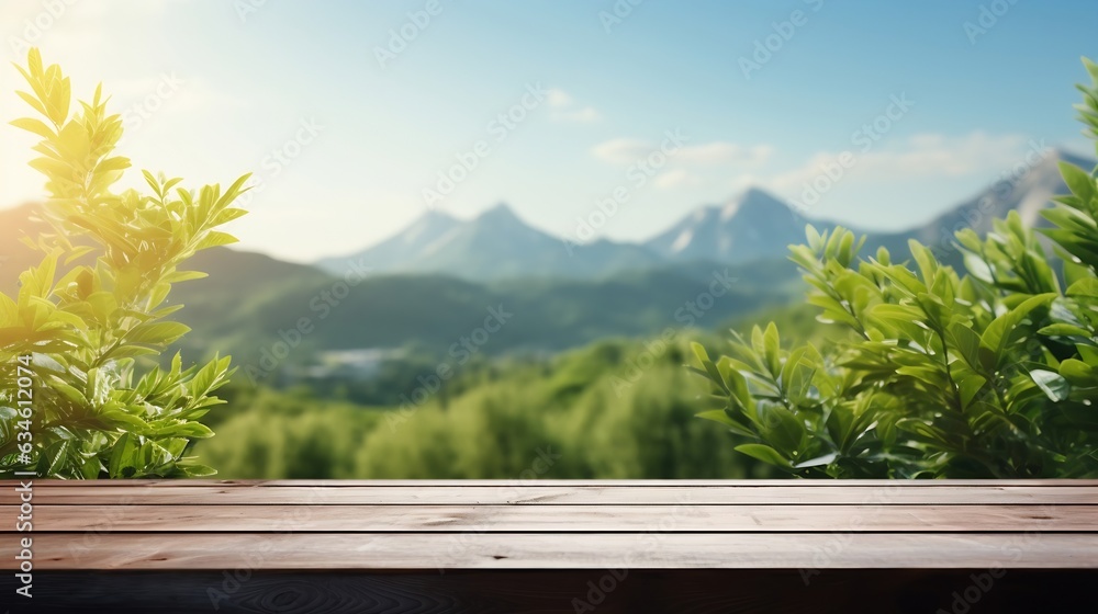 Poster generative ai : table background of free space for your decoration and blurred landscape of mountain