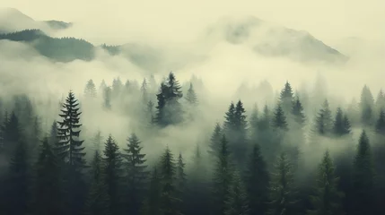 Fotobehang Generative AI : Misty landscape with fir forest in hipster vintage retro style © Generative AI