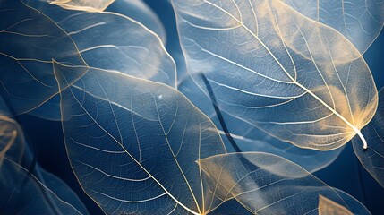 Generative AI : Navy Blue and Gold color leaves background
