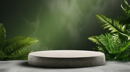 Generative AI : Natural stone and concrete podium in Natural green background for Empty show for packaging product presentation. Background for cosmetic products, the scene with green leaves. Mock up 