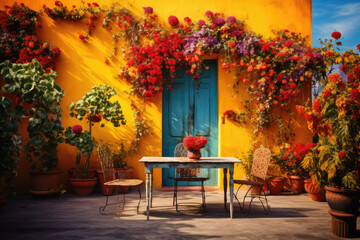 
A rustic, colorful holiday home with lots of flowers.