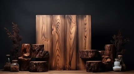 Generative AI : Rustic wood pieces podium. Background for perfume, jewellery and cosmetic products. Front view.