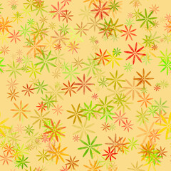 Simple floral seamless fabric and paper pattern Small muted yellow red orange brown layered flowers on a light-yellow background