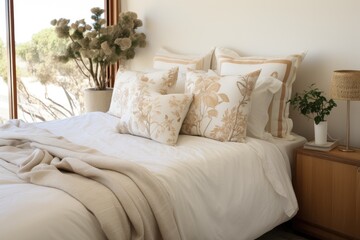 Double bed with duvet and cushions and decors.