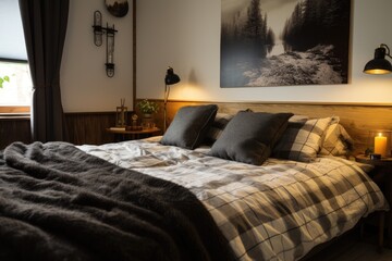 Double bed with duvet and cushions and decors.