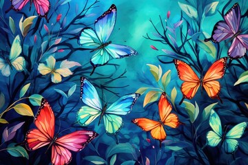 Colored butterflies in different colors, illustration, watercolor