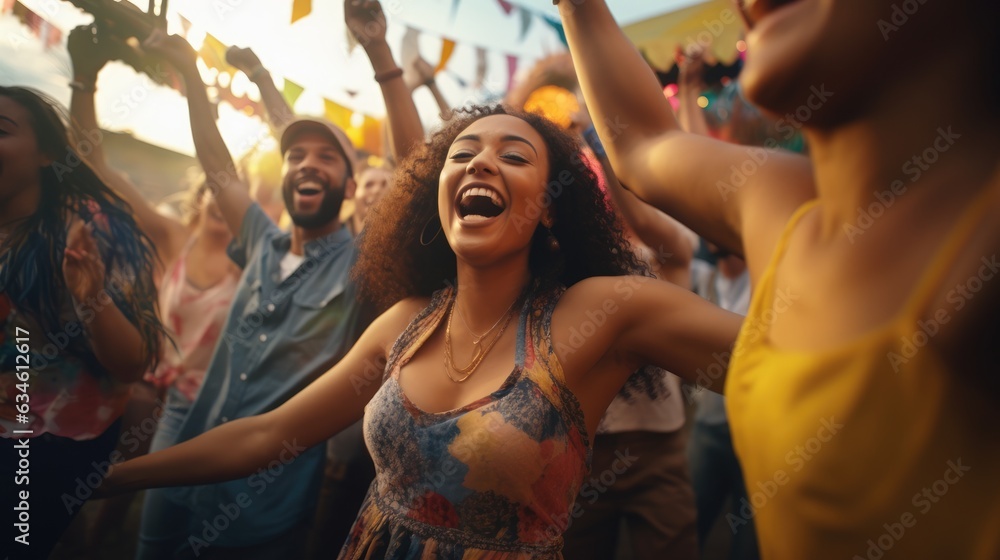 Wall mural Epitomizing youth and fun people, Diverse, energetic group of millennials dancing with joy and excitement at a lively music festival, Generative AI