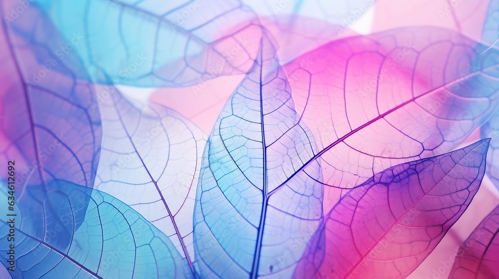 Aufkleber generative ai : macro leaves background texture blue, turquoise, pink color. transparent skeleton le