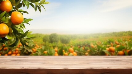 Generative AI : Empty wood table with free space over orange trees, orange field background. For product display montage