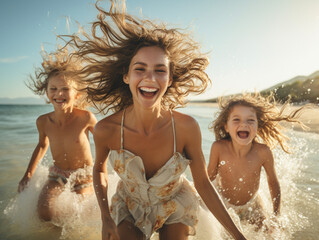 a mother and her children have fun running in the water of a pardisiac beach