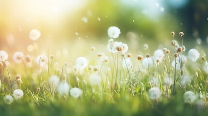 Generative AI : Grass flower field in spring background with sunlight