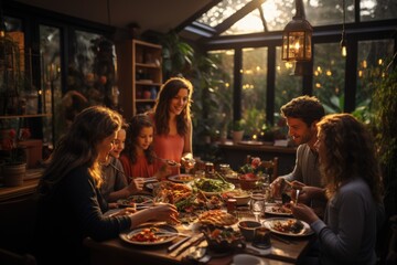 People in family celebrate thank giving day together in dinning room.