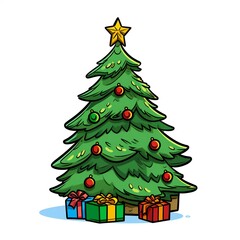 Cartoon Christmas tree with presents isolated on white background. illustration. For New Year cards, banners, posters. Generative ai