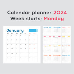 2024 Year Printable Calendar Planner: English with Monday Start