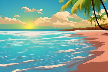 Fototapeta na wymiar Stunning Beach Landscapes with waves and clouds. Digital illustration. Kids Cartoon Backgrounds. Children Story Book illustration. 2d illustration. Generative AI