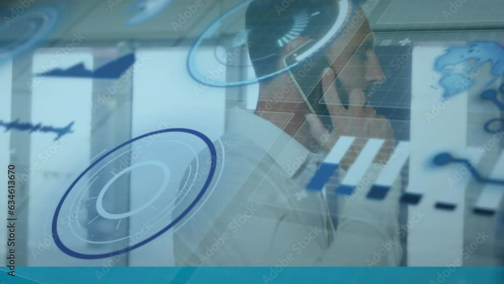 Poster animation of interface with data processing over caucasian man talking on smartphone at office