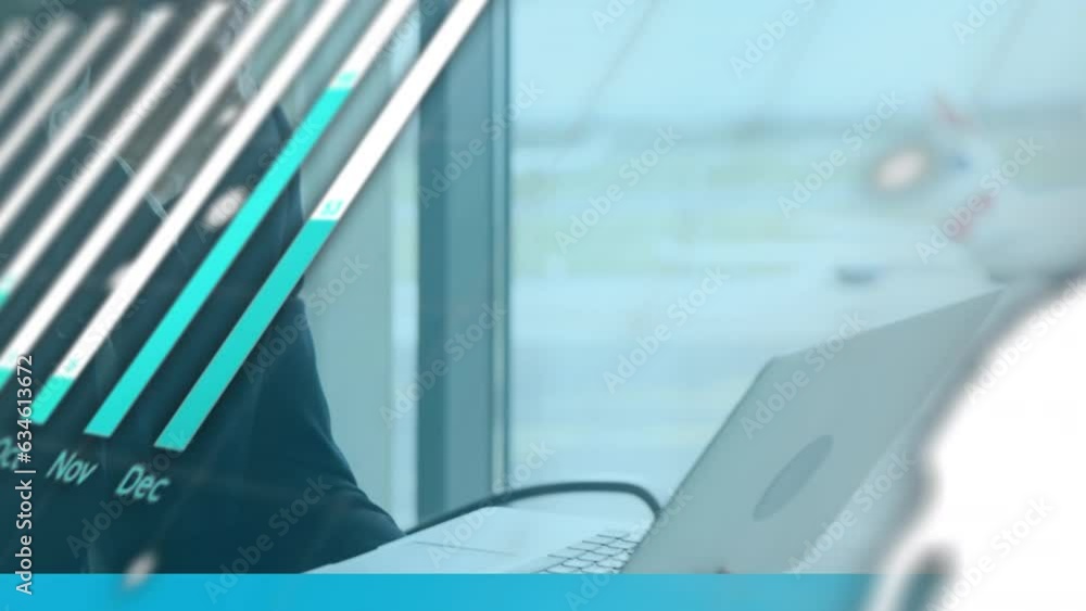 Poster animation of data processing over thoughtful caucasian businessman using laptop at an airport