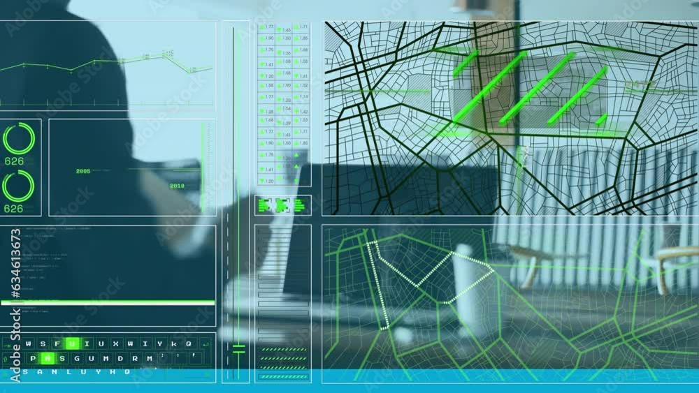 Poster animation of data processing over rear view of businessman taking notes drinking coffee at a cafe