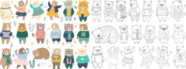 set of bears cartoon coloring book on white background vector