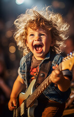 Obraz premium A cute little smiling toddler play guitar