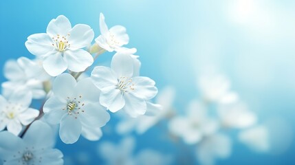 Generative AI : Spring forest white flowers primroses on a beautiful blue background macro. Blurred gentle sky-blue background. Floral nature background, free space for text. Romantic soft gentle arti - obrazy, fototapety, plakaty