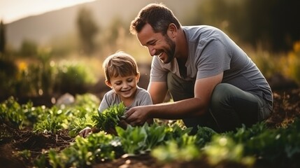 A father and his son is working at farm.