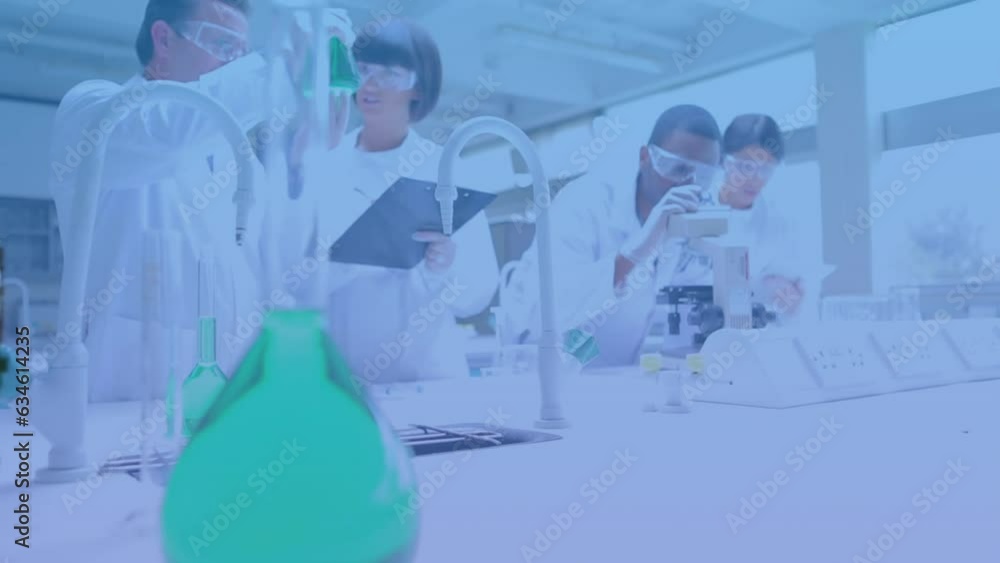 Poster animation of mathematical equations floating over team of diverse scientists working at laboratory