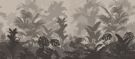 Seamless horizontal background, vector. Jungle, tropical forest with a variety of plants. Green tones	 - 634614229