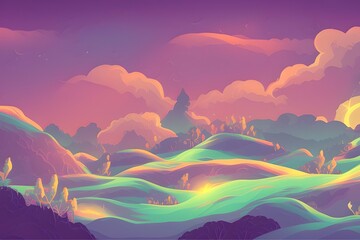 Magical and Whimsical Fantasy Landscape covered in magical aura. Pandora land. Alien Landscape. Digital illustration. Kids Cartoon Backgrounds. Children Story Book 2d illustration.  Generative AI