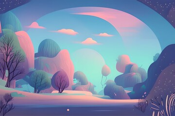 Magical and Whimsical Fantasy Landscape covered in magical aura. Pandora land. Alien Landscape. Digital illustration. Kids Cartoon Backgrounds. Children Story Book 2d illustration.  Generative AI