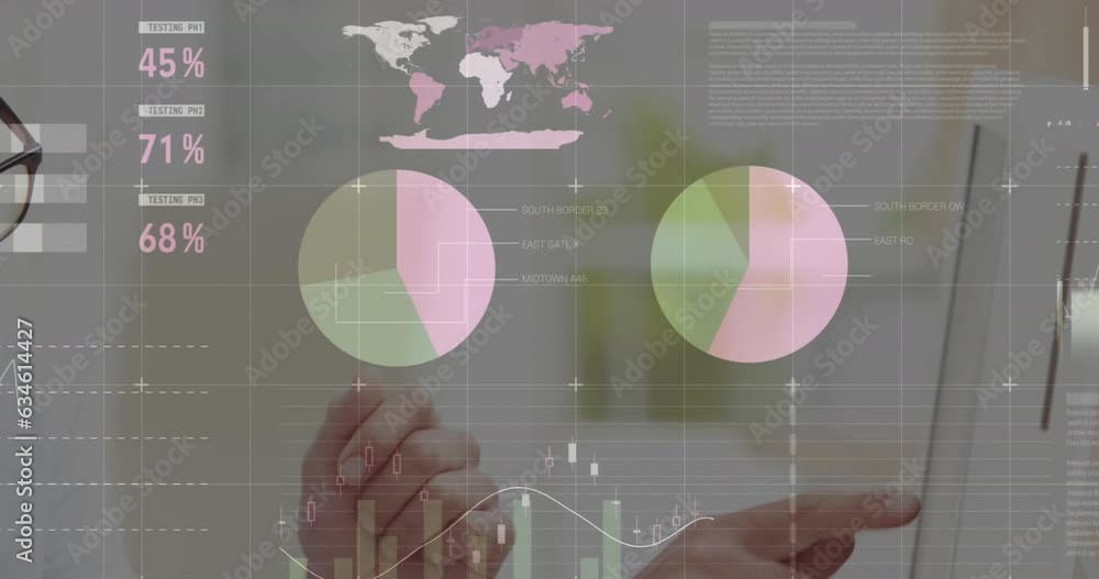 Poster animation of data processing over diverse man and woman discussing over computer at office