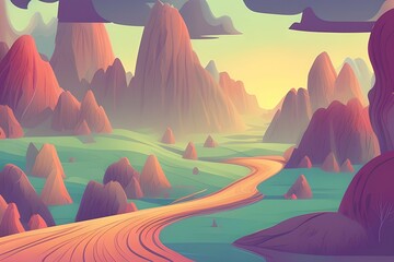 Magical and Whimsical Fantasy Landscape covered in magical aura. Pandora land. Alien Landscape. Digital illustration. Kids Cartoon Backgrounds. Children Story Book 2d illustration.  Generative AI