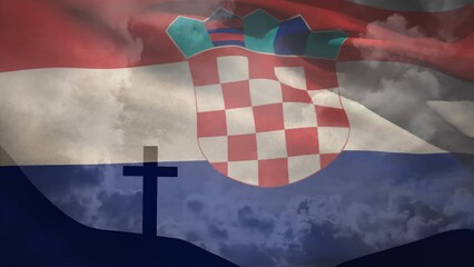 Animation of waving croatia flag against silhouette of a cross on mountain against clouds in the sky - Powered by Adobe