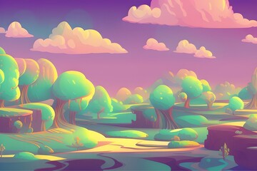 Magical and Whimsical Fantasy Landscape covered in magical aura. Pandora land. Alien Landscape. Digital illustration. Kids Cartoon Backgrounds. Children Story Book 2d illustration.  Generative AI